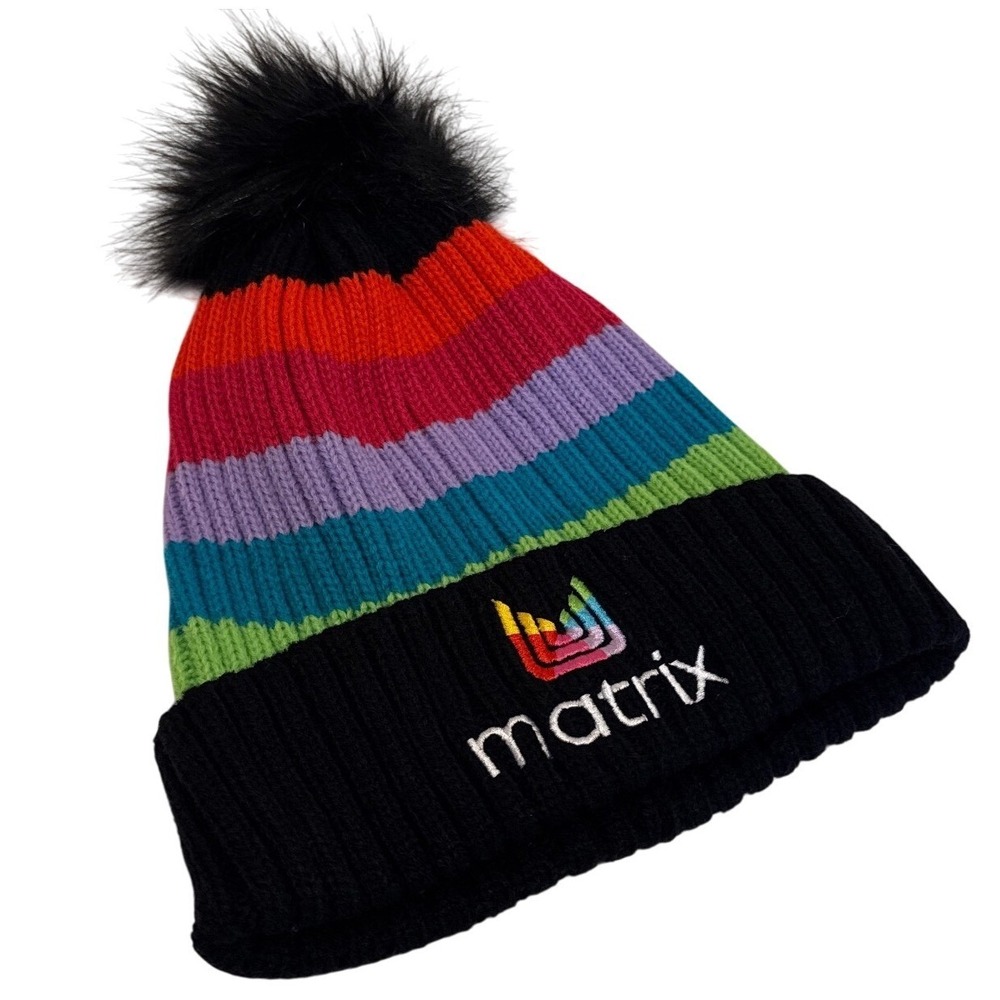 NEW Matrix Hair Brand Rainbow Striped Beanie Hat Black Pom Pom Hairstylist Salon